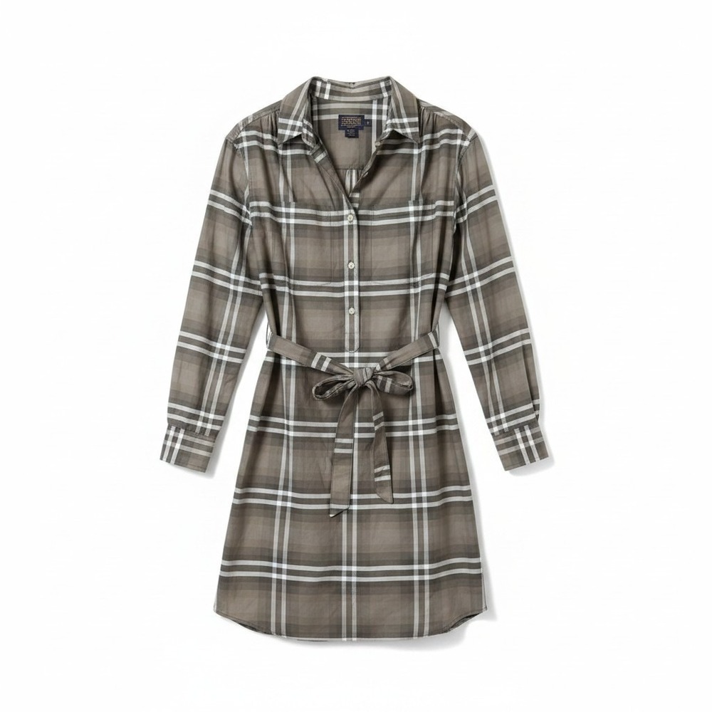 Pendleton Shirt Dress M Grey Plaid Cotton Long‎ Sleeve Belted Pockets Classic